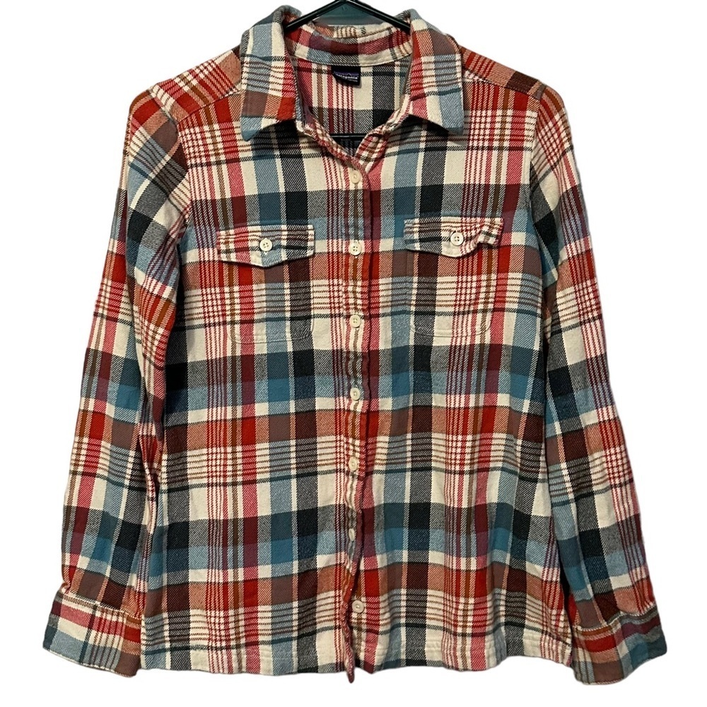 Patagonia Women's Fjord Flannel Toasted White‎ Teal Red Plaid Organic Cotton